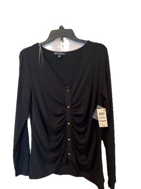INC International Concepts Black Ruched V-Neck Long Sleeve Button Front Top